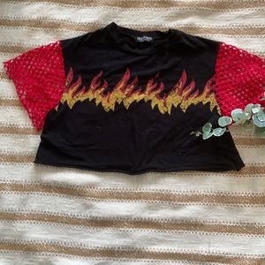 Flame crop top with red fish net sleeves